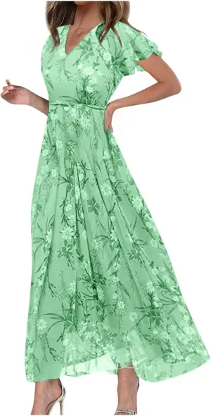 ZYXTIM Women's Summer Floral Boho Dresses Wrap V Neck Short Sleeve Ruffle A-Line Maxi Flowy Dress Pleated Hem Bohemian Outfit
