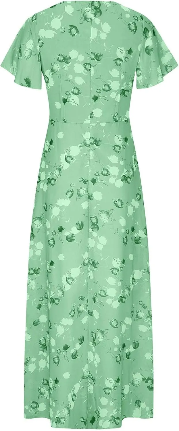 ZYXTIM Women's Summer Floral Boho Dresses Wrap V Neck Short Sleeve Ruffle A-Line Maxi Flowy Dress Pleated Hem Bohemian Outfit